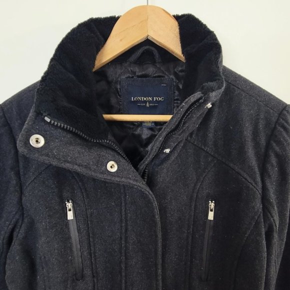 London Fog – Women Wool Faux Fur Trim Winter Jacket/Coat Charcoal Gray Medium - Picture 2 of 10